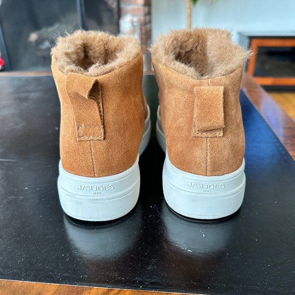 J Slides Platform Pull On Ankle Boots Suede Faux Fur Lining Tan 8M - Picture 2 of 13